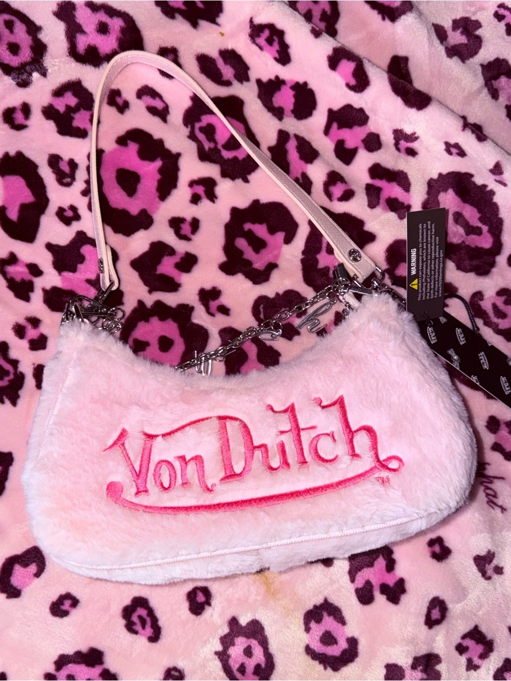 Von Dutch Light Pink Fuzzy Shoulder Bag with Silver Charm Chain - Picture 3 of 4